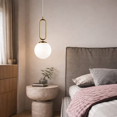 Nivea - Lampada a sospensione moderna in metallo dorato con sfera in vetro Ø15 cm, LED integrato G9