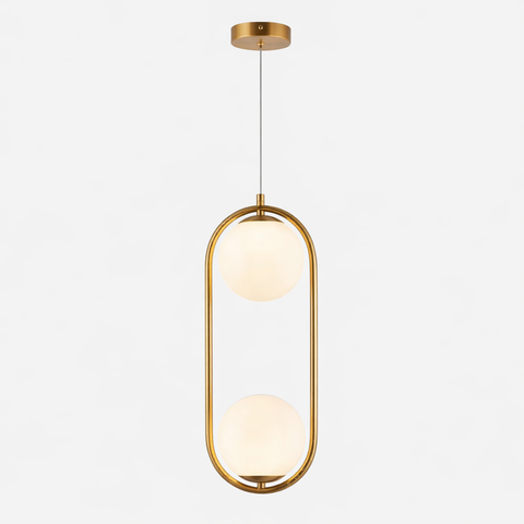 Celestia Twin - Lampada a sospensione moderna in metallo dorato con 2 sfere in vetro opalino, attacco G9