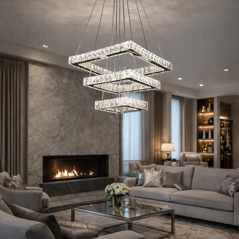 Quadra Lux 3 – Lampadario LED moderno a sospensione con 3 quadrati regolabili, 110W luce calda, naturale e fredda