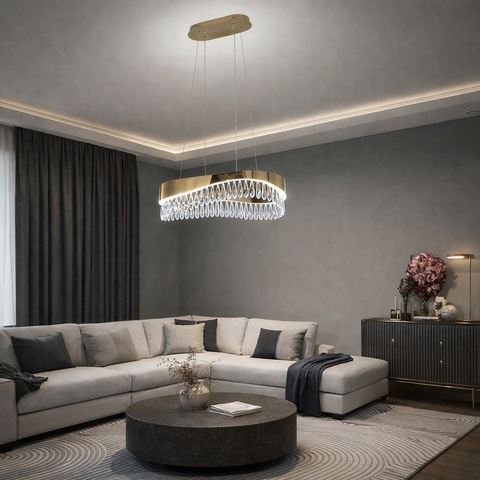 Wave Lux Pro 80cm - Lampadario a Sospensione LED in Oro con Cristalli K9 – Design Contemporaneo per Ambienti Moderni