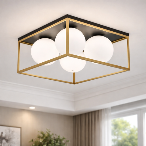 Quadra Sphere – Plafoniera da soffitto geometrica quadrata con sfere in vetro opalino, 1 o 4 luci G9