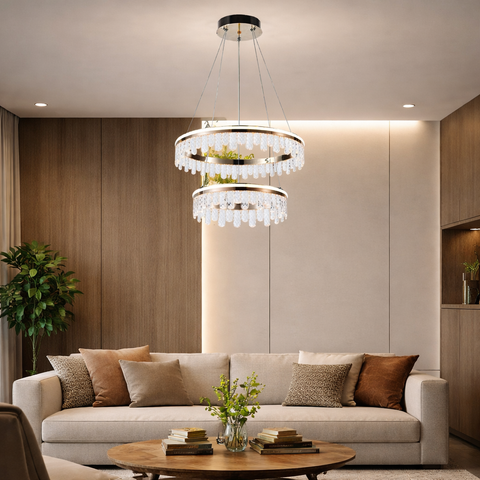 Orolea - Lampadario LED a Sospensione Oro 72W con Doppio Cerchio e Cristalli  Luce CCT 3 Tonalità, Design Moderno