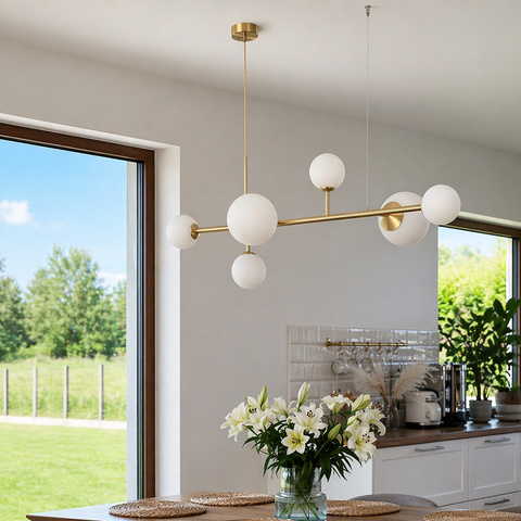 Elyra – Lampadario da soffitto moderno in bronzo dorato con 6 sfere in vetro opaco G9