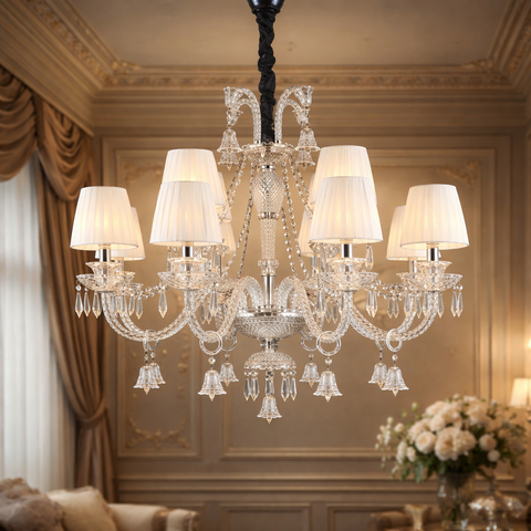 Crystal Elegance - Lampadario con Paralume in Vetro e Cristalli K9 Disponibile 12/8/5/3 Luci