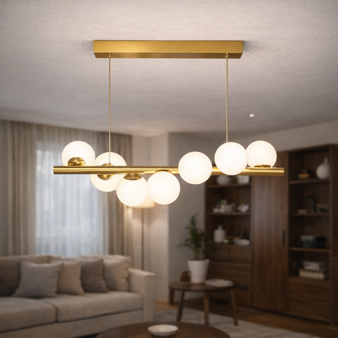 Spiral 7 – Lampadario a sospensione dorato con 7 sfere bianche a spirale G9