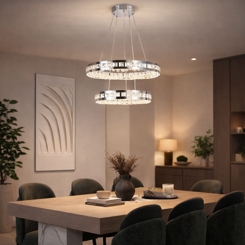 Crystal Bright K9 – Lampadario a Sospensione LED in Acciaio e Cristallo