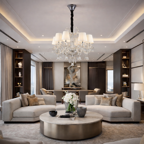 Crystal Elegance - Lampadario con Paralume in Vetro e Cristalli K9 Disponibile 12/8/5/3 Luci