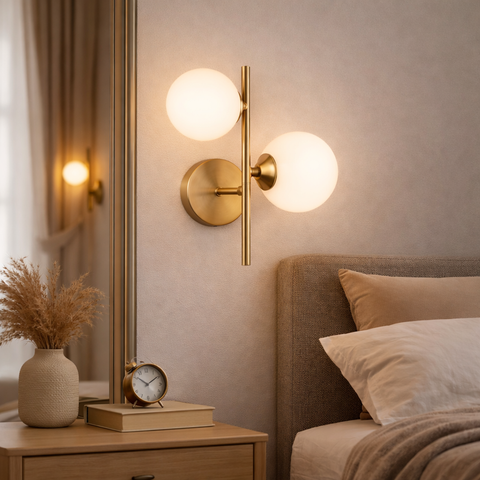 Duo Pearl Gold – Applique da parete moderna in metallo dorato con doppia sfera in polietilene, attacco G9