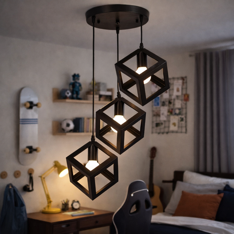 Cubo Trio – Lampadario a sospensione con 3 pendenti a cubo in metallo E27, cavi regolabili