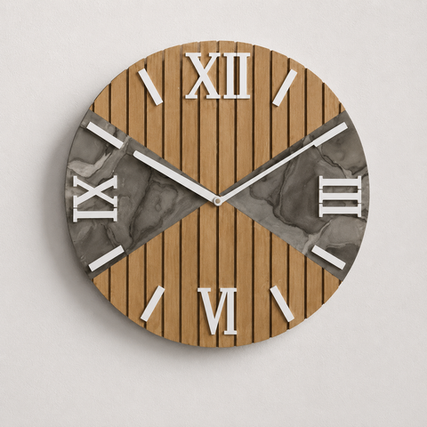 Orologio da Parete Moderno in Legno cannettato e Marmo – 40 cm – Made in Italy