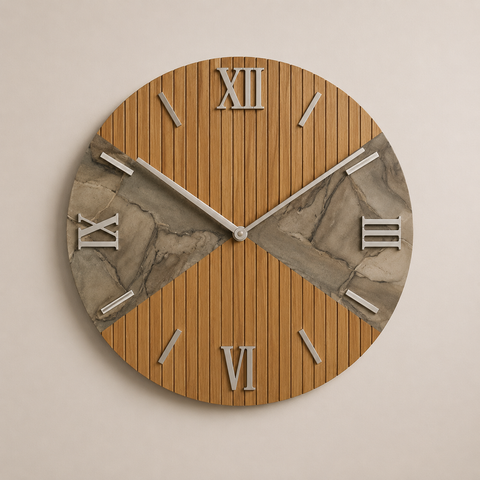 Orologio da Parete Moderno in Legno cannettato e Marmo – 80 cm – Made in Italy