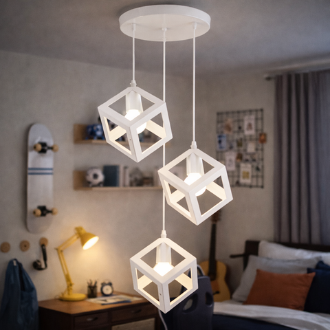 Cubo Trio – Lampadario a sospensione con 3 pendenti a cubo in metallo E27, cavi regolabili