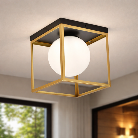 Quadra Sphere – Plafoniera da soffitto geometrica quadrata con sfere in vetro opalino, 1 o 4 luci G9