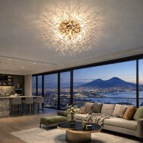 Crystal Spark – Plafoniera da soffitto moderna effetto cristallo a scintille, 8 luci E27, oro o argento