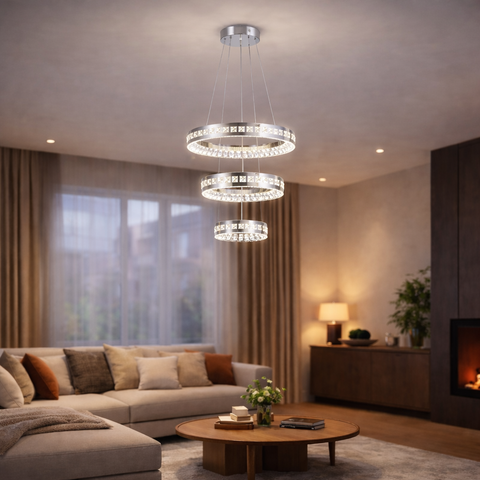 Trio Ring Crystal K9 – Lampadario a Sospensione LED a 3 Cerchi