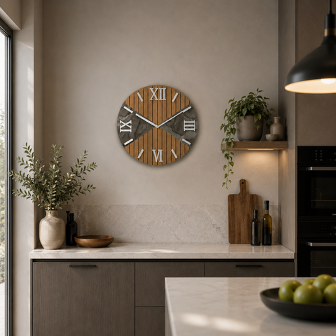 Orologio da Parete Moderno in Legno cannettato e Marmo – 40 cm – Made in Italy