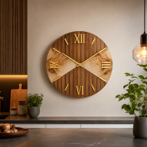 Orologio da Parete Moderno in Legno cannettato e Marmo – 60 cm – Made in Italy