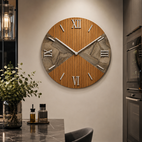 Orologio da Parete Moderno in Legno cannettato e Marmo – 80 cm – Made in Italy