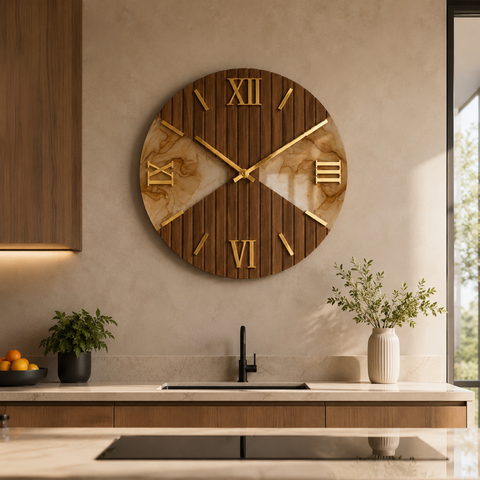 Orologio da Parete Moderno in Legno cannettato e Marmo – 80 cm – Made in Italy