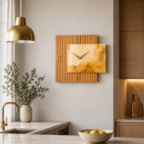 Orologio da Parete legno e marmo arancio – Eleganza Contemporanea Made in Italy
