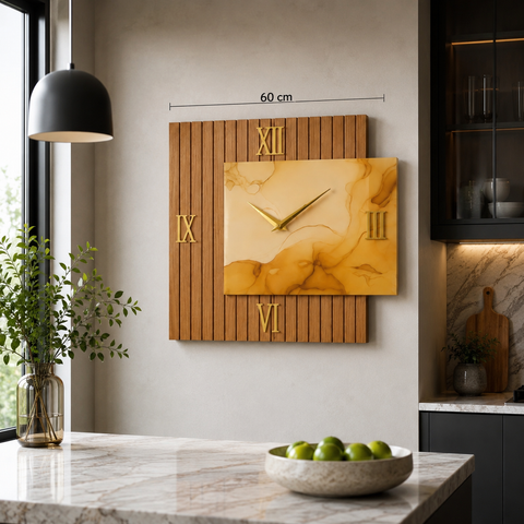 Orologio da Parete legno e marmo arancio – Eleganza Contemporanea Made in Italy