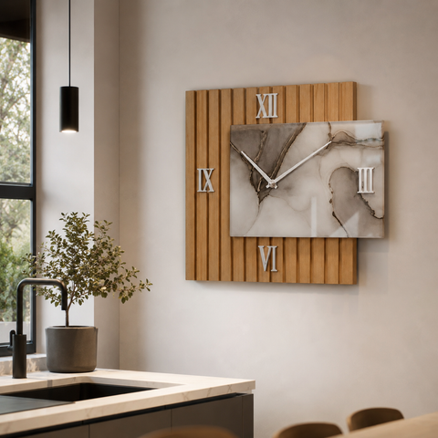 Orologio da Parete legno e marmo grigio – Eleganza Contemporanea Made in Italy