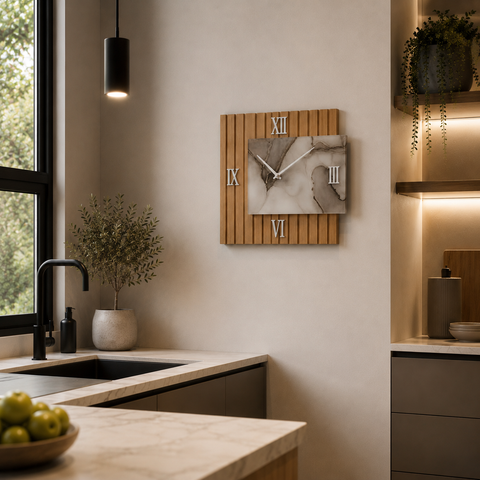 Orologio da Parete legno e marmo grigio – Eleganza Contemporanea Made in Italy