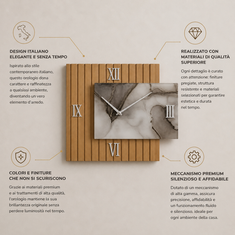 Orologio da Parete legno e marmo grigio – Eleganza Contemporanea Made in Italy