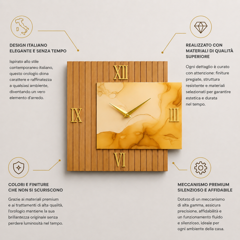 Orologio da Parete legno e marmo arancio – Eleganza Contemporanea Made in Italy