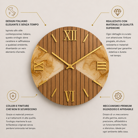 Orologio da Parete Moderno in Legno cannettato e Marmo – 80 cm – Made in Italy