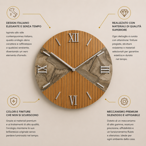 Orologio da Parete Moderno in Legno cannettato e Marmo – 80 cm – Made in Italy