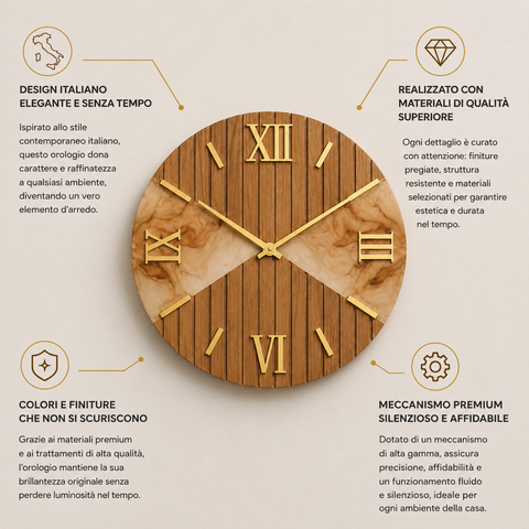 Orologio da Parete Moderno in Legno cannettato e Marmo – 60 cm – Made in Italy