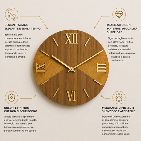 Orologio da Parete Moderno in Legno Liscio e Marmo – 40 cm – Made in Italy