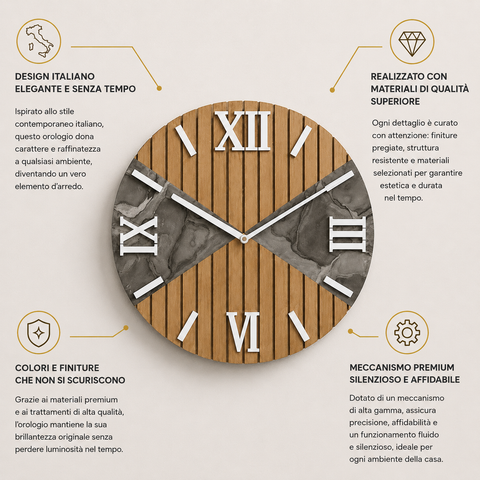 Orologio da Parete Moderno in Legno cannettato e Marmo – 40 cm – Made in Italy