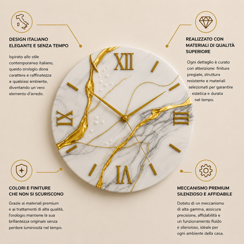 Orologio da Parete Marmo Bianco con Dettagli Oro – Made in Italy