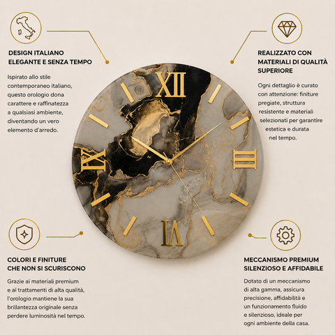 Orologio da Parete Nero e Beige Effetto Marmo - Made in Italy
