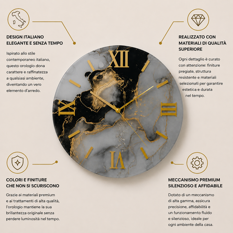 Orologio da Parete Nero e Grigio Marmorizzato - Made in Italy
