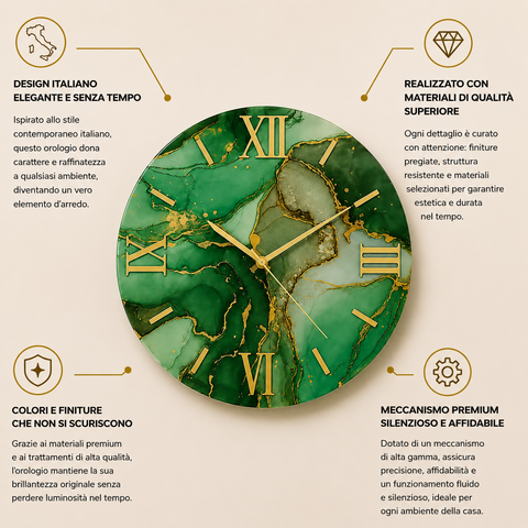 Orologio da Parete Verde Smeraldo Effetto Marmo - Made in Italy